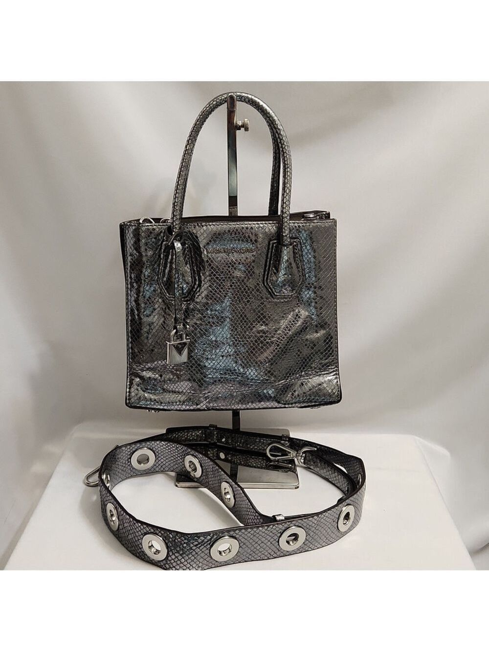 Michael Michael Kors Mercer Metallic Snake-Embossed-Leather Crossbody Hand Bag
